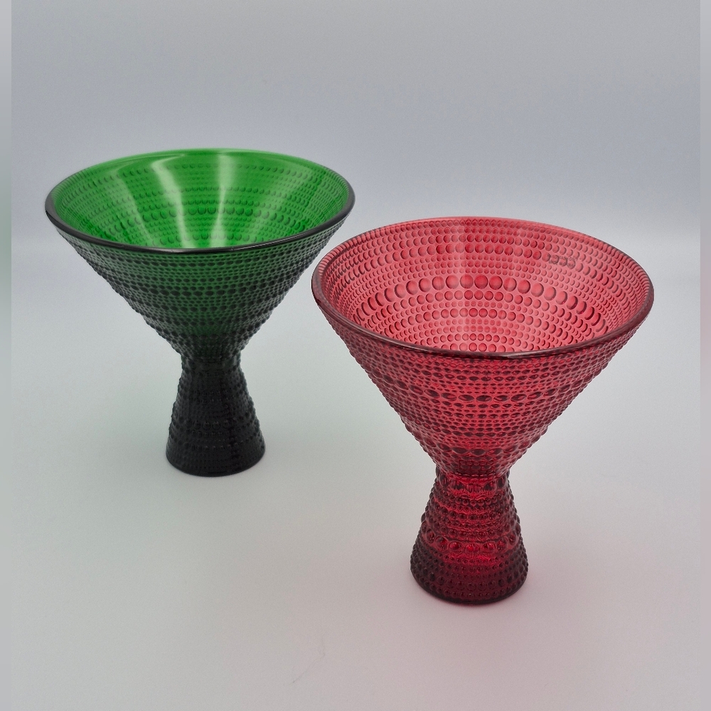 2 Fortessa Jupiter Beaded Hobnail Martini Glasses 1 Red 1 Green 11.5 oz NWOT